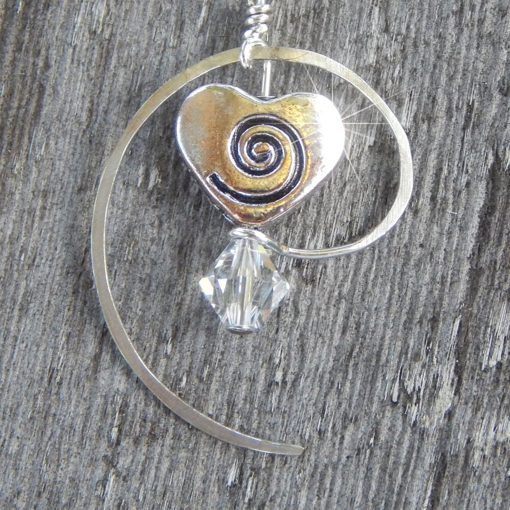 HEART EARRINGS - Silver Loop & Heart - Swarovski Crystals - Handmade in "USA"
